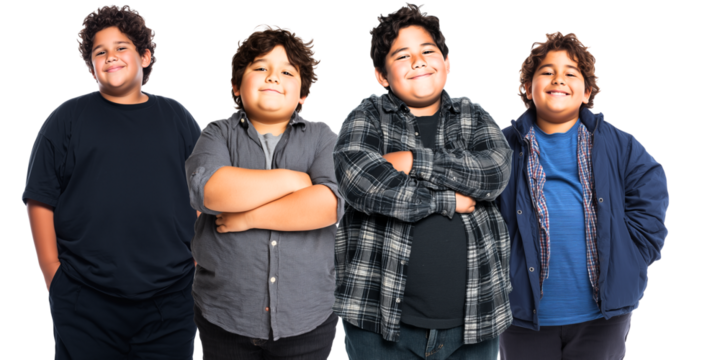 waist-up portrait of 4 beautiful, cheerful 10-14 year old spanish beauty curvy boys isolated over white (transparent) background