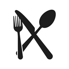 Black silhouette of cutlery a fork, knife, and spoon arranged in an overlapping pattern against a white background