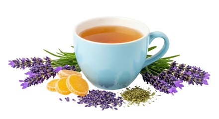 Isolated cup of herbal tea with ginger, rosemary, and lavender flowers, refreshing drink © Lena