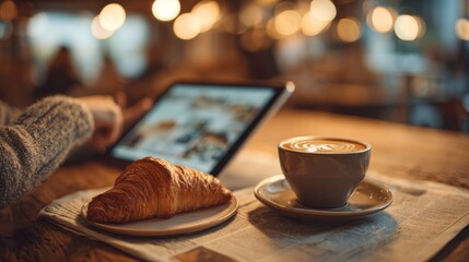 A person in a cozy cafe uses a tablet next to a croissant, coffee, and a newspaper; warm light blurs the background