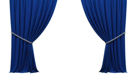 Ornate Blue Velvet Curtains Framing A Blank Stage Isolated on Transparent PNG Background.
