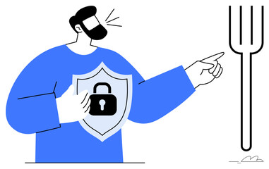 Person holding shield with lock warns and points at fork, conveying security, caution, and decision. Ideal for cybersecurity, protection, safety, awareness, advice digital risk simple flat metaphor