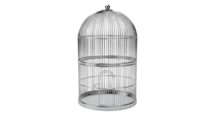 Isolated shiny silver bird cage, detailed ornate metal work, empty aviary for birds