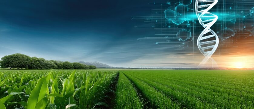 Green fields under a blue sky at sunset showing the merging of agriculture and science with DNA graphics