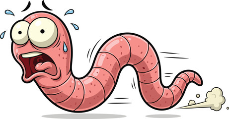 Cartoon Earthworm Running Scared in Fright, Escaping Danger with High Speed in Panic, Illustration on White Background for Children's Animation, Educational Material, Comic, Graphic Design, and Market