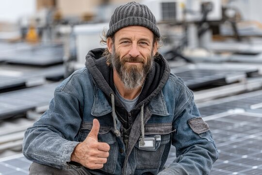 Smiling solar technician in denim jacket and beanie giving thumbs up while working on rooftop with solar panels Generative AI - Powered by Adobe