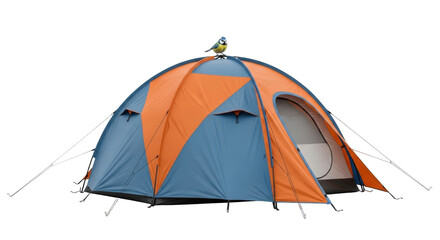 Isolated dome tent with orange and blue panels and a bird on top with no background © Lena