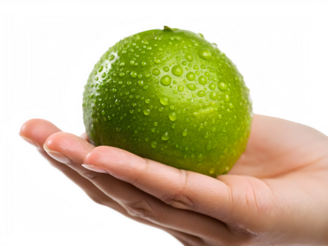 Hand holding a fresh green lime with water drops isolated on transparent background