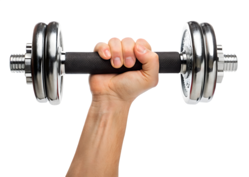Hand holding a heavy dumbbell isolated on transparent background for exercise
