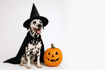 Dalmatian Dog Wearing Witch Costume with Halloween Pumpkin Jack O Lantern on White Background