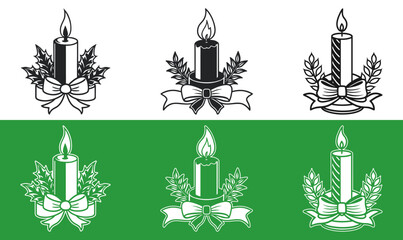 Burning Christmas Candle with Ribbon and Laurel Wreath Silhouette Vector Set
