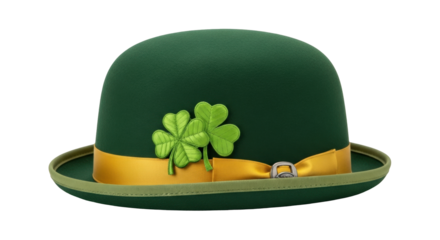Isolated Green Irish Hat with Gold Ribbon and Shamrocks, Celebrating St. Patrick's Day