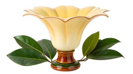 A decorative pale yellow pottery vase with a wide fluted flower-shaped opening and striped base, arranged with glossy green leaves isolated on a white background