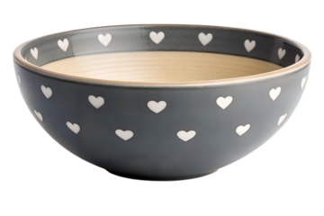 Stylish gray ceramic bowl adorned with a charming white heart pattern, perfect for serving or decoration, a delightful addition to any kitchen or dining setting