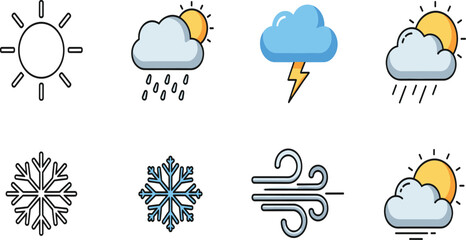 Weather Forecast Vector Icon Set: Sun, Rain, Snow, Wind, and Storm Symbols.
