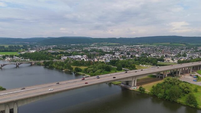 Moselle Viaduct Schweich near Trier, bridge of highway crossing the Mosel river in the valley, german autobahn, aerial view