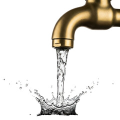 Water flowing from a brass faucet isolated on transparent background in studio
