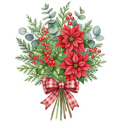 vibrant bouquet featuring red poinsettias, green foliage, and festive accents, tied together with a checkered ribbon. ,watercolor clip art isolated on white background