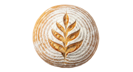 Isolated overhead shot of rustic sourdough bread round, with decorative leaf scoring design