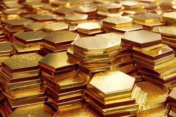 Stacked golden hexagonal prisms creating a textured, shiny pattern