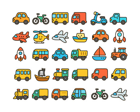 Transport icon, car, bike, cycle, airoplan, helicopter, fighter jet, rocket, boat, bus, kids items
