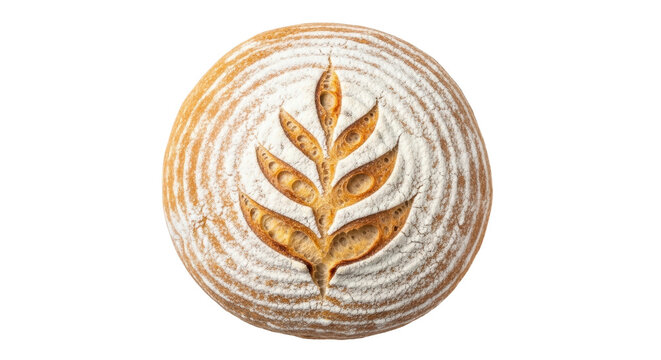 Isolated overhead shot of rustic sourdough bread round, with decorative leaf scoring design