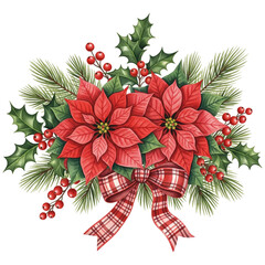 vibrant arrangement of red poinsettias, holly leaves, and berries accented with a checkered bow, the essence of holiday decor. ,watercolor clip art isolated on white background