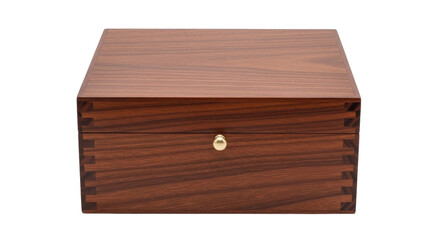 Isolated hinged wooden box with brass knob hardware, handcrafted luxury container