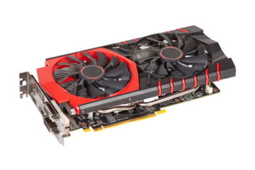 A generic black red dual-fan gaming GPU graphics card with a heatsink, shroud and IO ports panel PCIe board with HDMI DisplayPort connectors cooler with heat pipes hardware component isolated on white