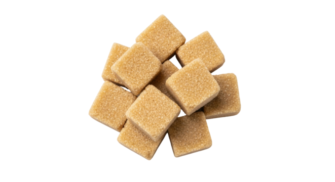 Isolated group of brown sugar cubes stacked and touching, sweetener for beverages and cooking