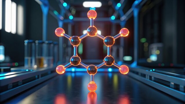A molecular structure illuminated in a futuristic lab setting, showcasing vivid colors and a sleek design.