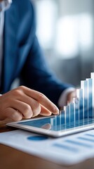 Business professional analyzes growth data on tablet during a strategic meeting in a modern office setting