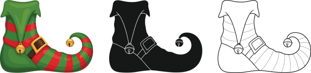 Elf shoe in color, silhouette, and outline style, Christmas decoration illustration