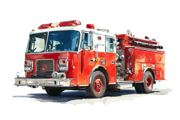 A red fire truck parked on a white background. The vehicle features a ladder, hoses, and emergency lights. It represents firefighting and emergency services.