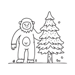 Fototapeta premium A yeti close to a pine tree dusted with frost