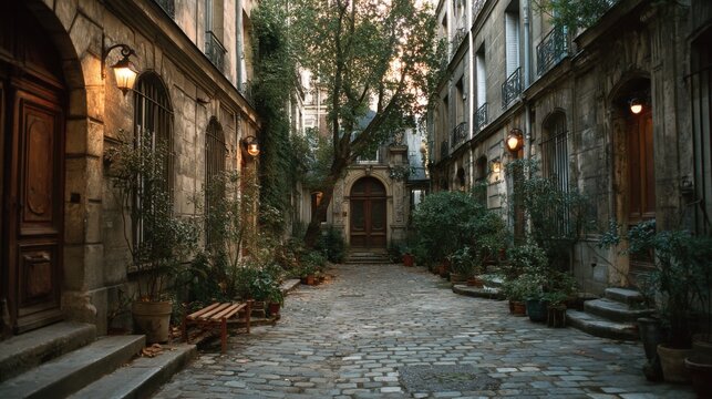 A photograph of an alley in Paris, with cobblestone streets and old buildings featuring wooden doors. Trees grow between the buildings, and small benches and potted plants line the walls.