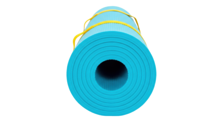 Isolated cyan yoga mat with yellow bands, exercise equipment, fitness and workout product