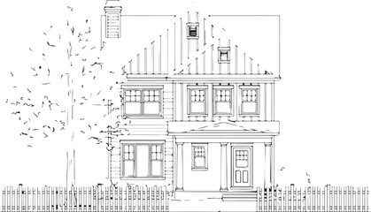 Architectural Line Art Drawing of a Traditional Two-Story House with Picket Fence