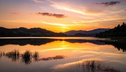 Fototapeta premium Vibrant sunset over a tranquil lake reflecting the orange and yellow sky with silhouetted hills and scattered vegetation in the foreground creating a serene natural landscape
