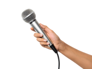 Hand holding a microphone isolated on transparent background, ready for an announcement