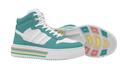 Isolated hi-top platform sneakers with multicolor sole, fashion footwear studio shot