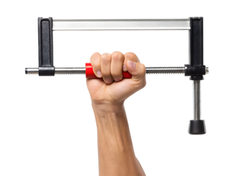 Hand holding a clamp isolated on transparent background, ready for construction