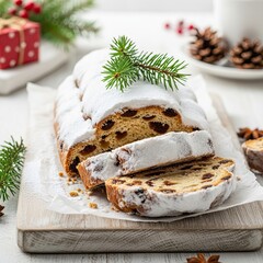 festive loaf of stollen, dusted with powdered sugar, with pine branches, holiday cheer with its rich fruit and nut flavors.