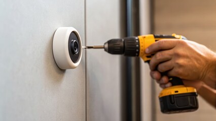 A person uses a power drill to install a security camera on a wall, showcasing home improvement and technology in action.