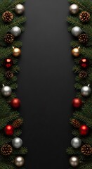 A festive arrangement of Christmas ornaments and pinecones on a dark background, perfect for holiday-themed designs and decorations.