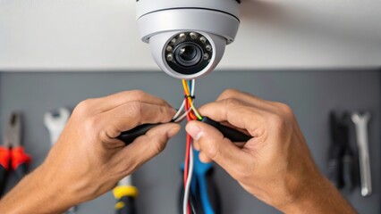 Technician connecting wires to a security camera, surrounded by tools, showcasing hands-on installation work in a well-equipped environment.