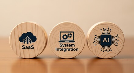 SaaS business models, Three wooden discs display icons for SaaS, System Integration, and AI, technology and innovation in software solutions.