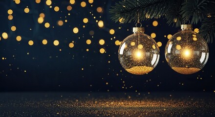 glittering Christmas ornaments mockup hanging from a branch, surrounded by sparkling golden bokeh lights.