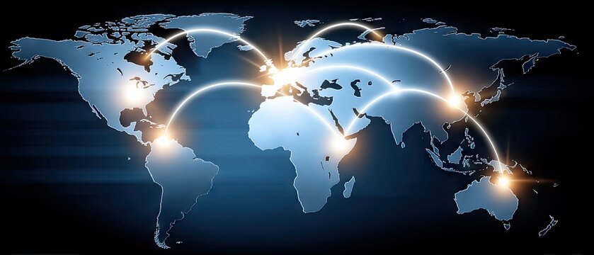 Global network connections illustrate interconnected world and international relationships through glowing lines and points on a digital map - Powered by Adobe
