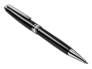 Classic Black Ballpoint Pen Close-Up on Transparent Backdrop: Streamlined Stationery for Everyday Writing, Office Use, and Gifting with Silver Accents and Refined Design Details